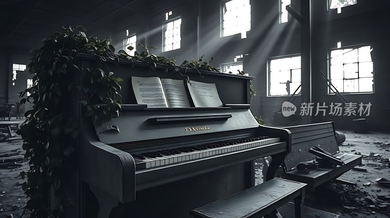 废弃钢琴与自然共生的宁静画面