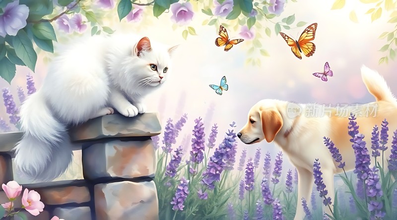 猫狗花丛中嬉戏