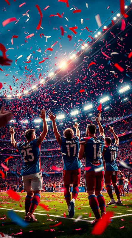 胜利时刻球员庆祝胜利彩片纷飞观众欢呼