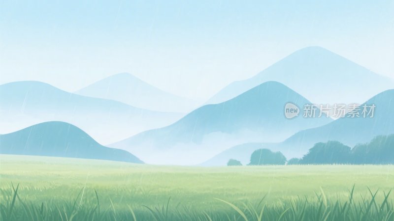 清新草原与远山插画风景