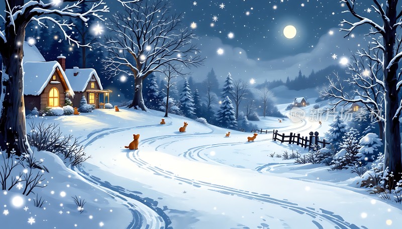 雪夜乡村小屋与月光下的鹿群