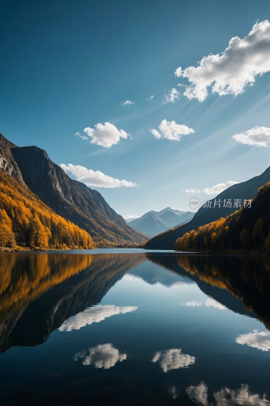 半天山和树倒映在湖中高清图片