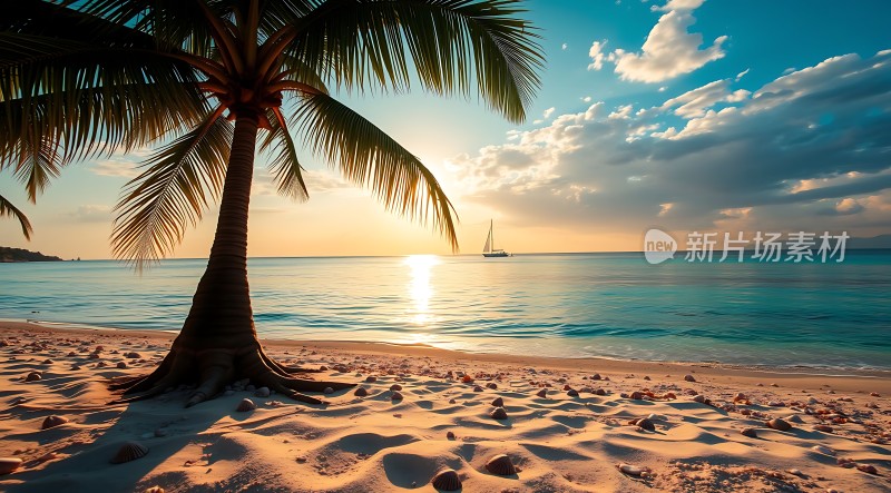 椰林沙滩日落帆影