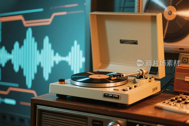 复古唱片机与音波背景