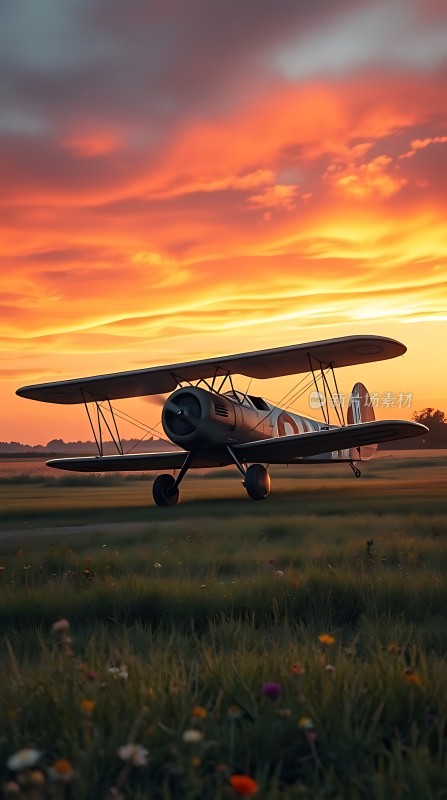 夕阳下的双翼飞机草地飞行