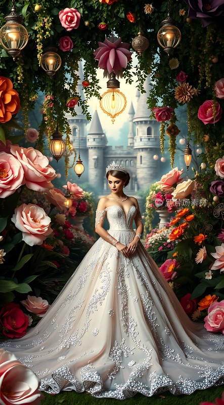 白色婚纱公主裙城堡梦幻花园