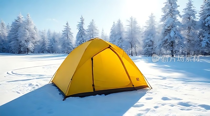 雪地露营黄色帐篷与白雪相映成趣