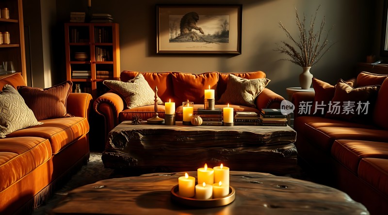 温馨客厅暖光蜡烛营造浪漫氛围