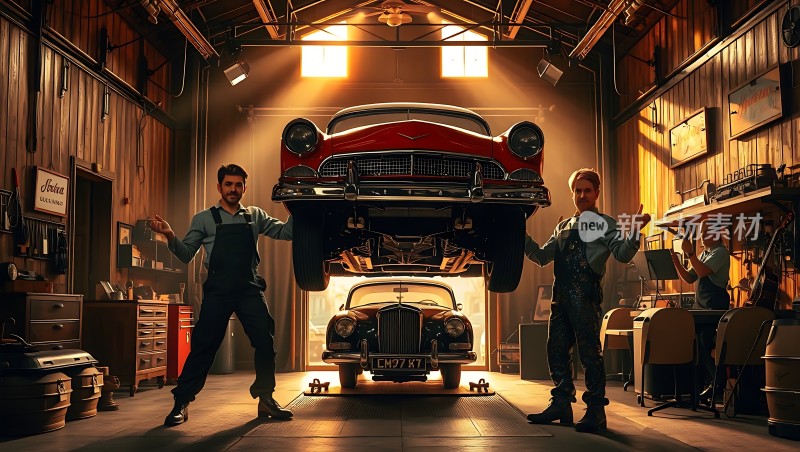 车库里的经典轿车维修