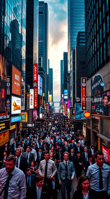 繁华都市街头人群熙攘高楼林立霓虹闪烁