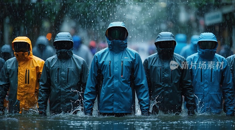 雨中前行蓝色身影坚定无畏
