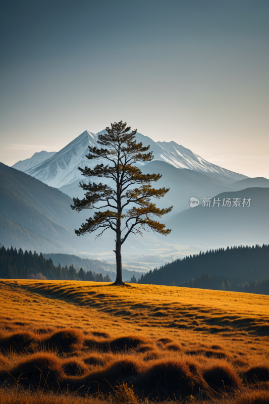 田野里一棵孤树山脉高清风景图片