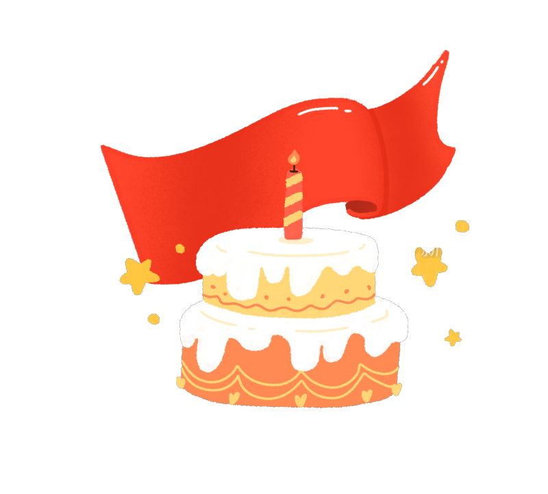 插画风生日蛋糕与红绸带元素