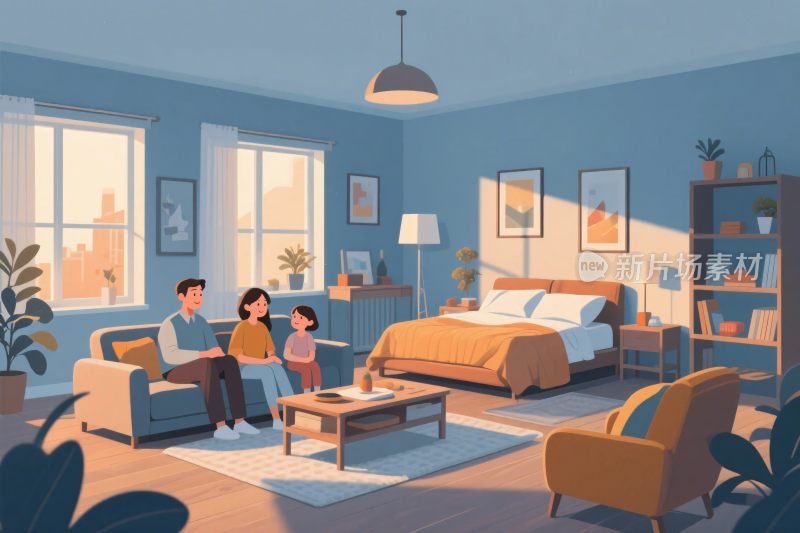 温馨家庭室内场景插画