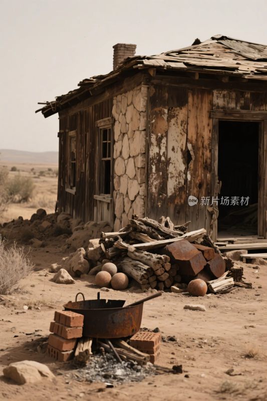 废弃老木屋与旧陶罐