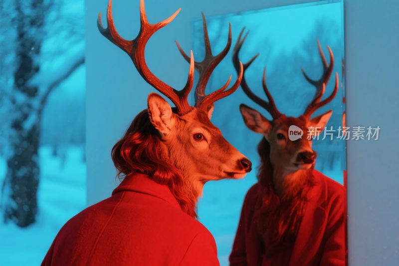 拟人化鹿与镜子雪景