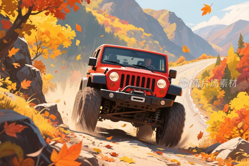 红色越野车行驶在秋日山路上