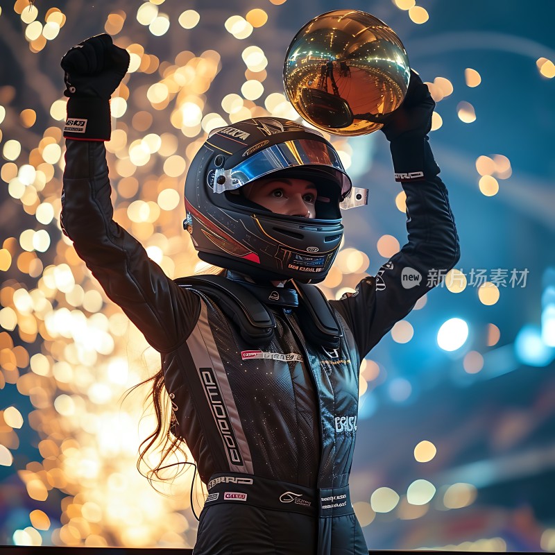 赛车手高举奖杯庆祝胜利