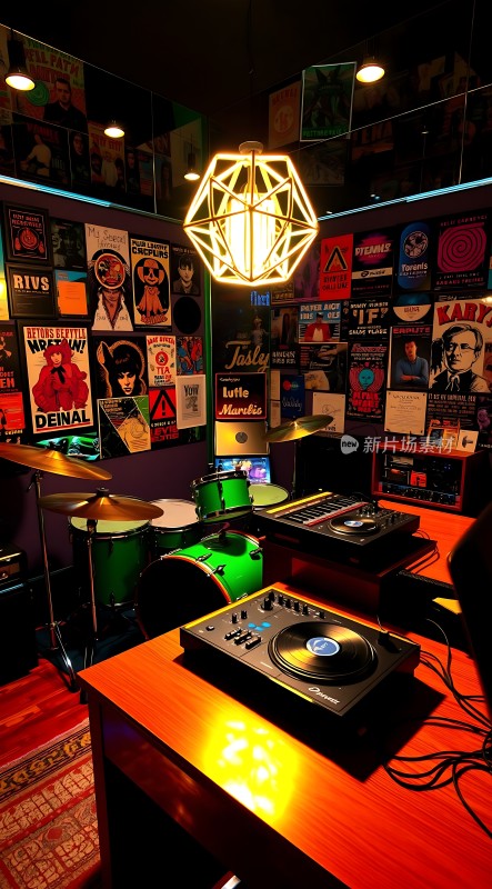 音乐工作室架子鼓、混音台和唱片机