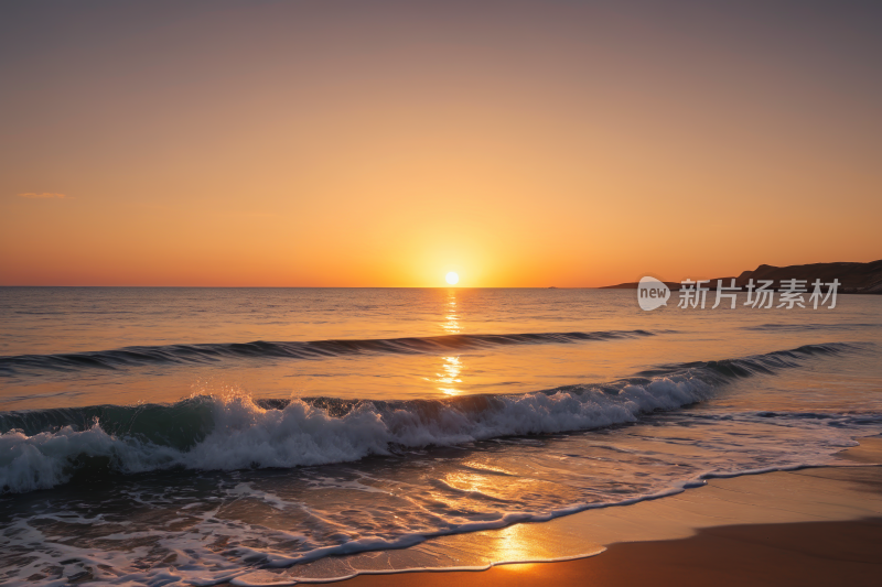 海上的日落海浪拍打着海滩高清风景图片