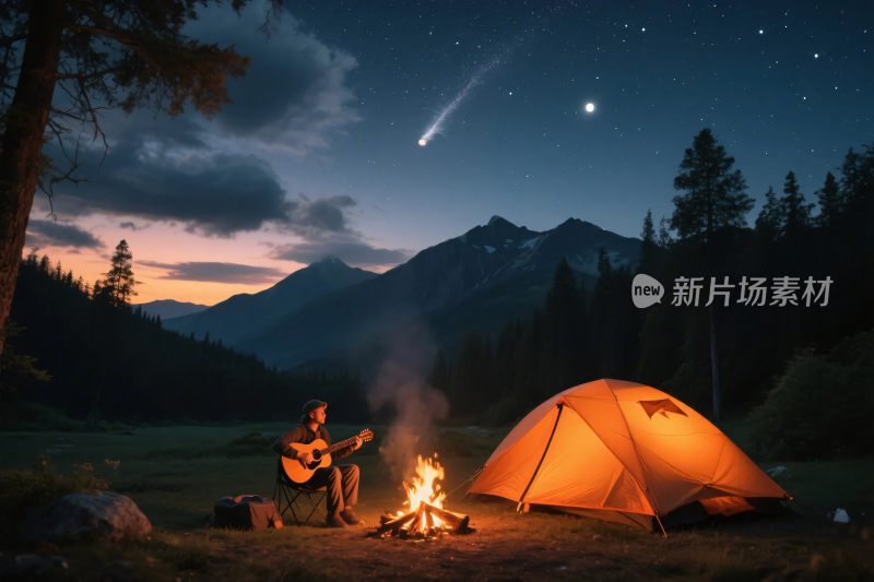 夜晚山林中露营弹吉他的人