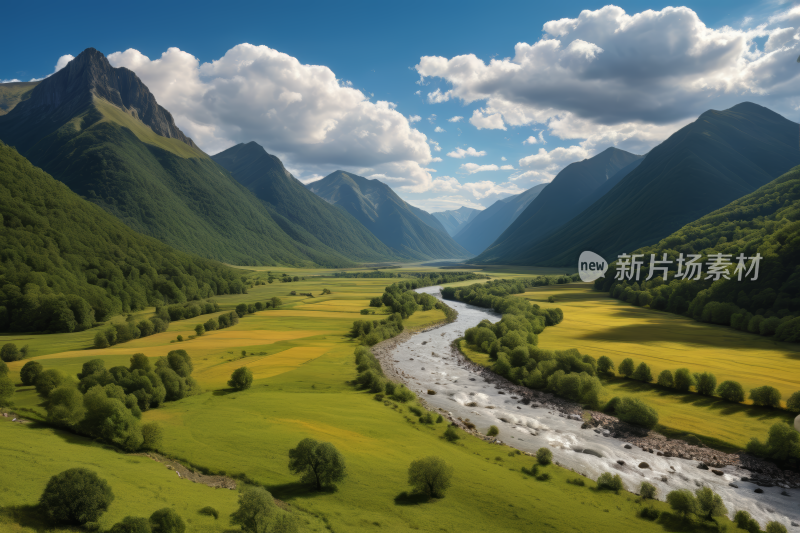 山脉和山谷一条河流穿过高清风景图片