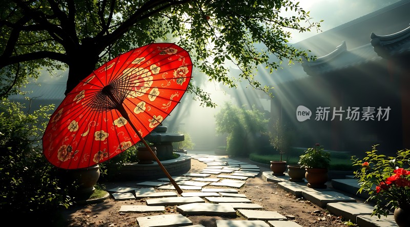 阳光下的红色油纸伞