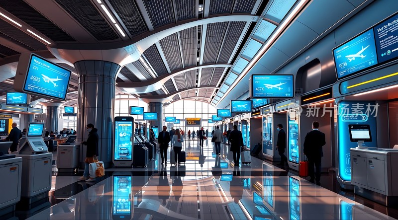 现代机场候机大厅科技感十足旅客办理登机手续