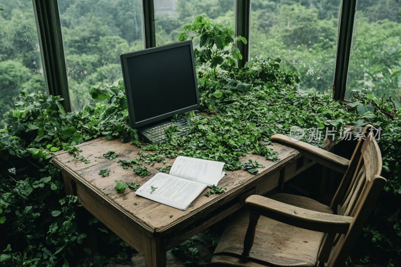 被绿植覆盖的老旧书桌场景
