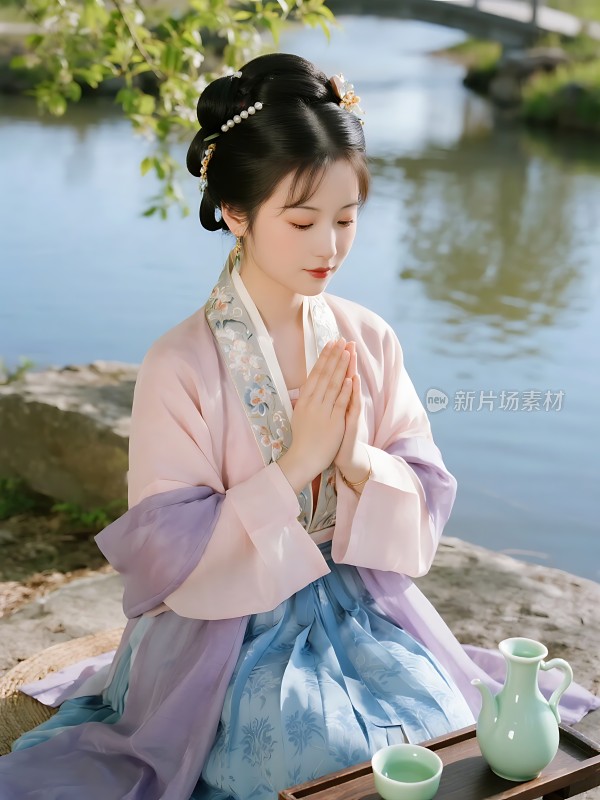 汉服佳人静坐湖畔品茗