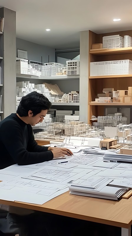 建筑师专注工作周围是建筑模型和图纸