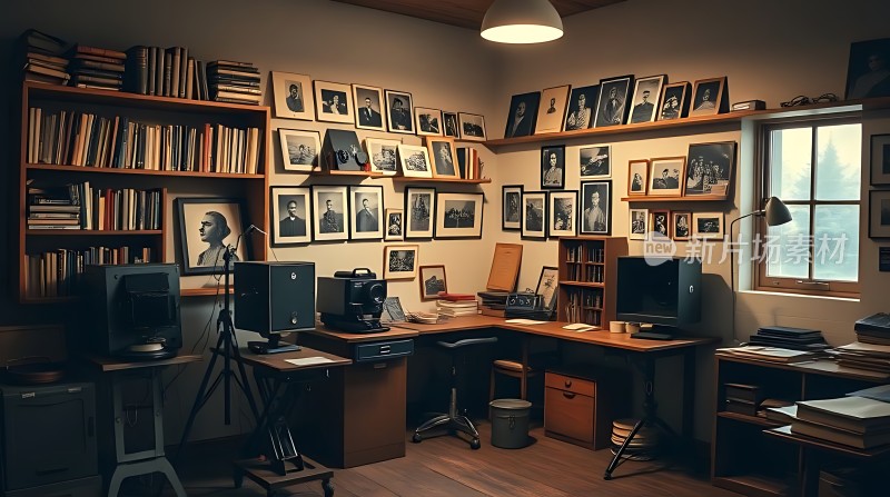 书房一角书架、照片、电脑桌椅一应俱全