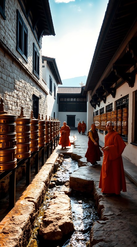 僧侣与转经筒的宁静时光