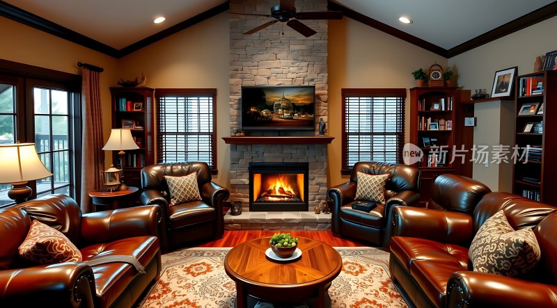 温馨客厅石壁炉与皮质沙发营造舒适氛围