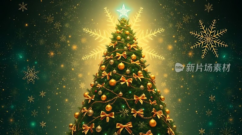 圣诞树上的金色装饰和雪花背景