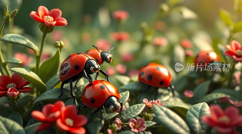 春日花丛中欢快的瓢虫们