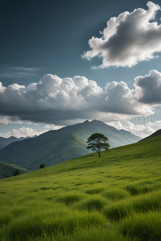 一片草地上一棵孤独的树高山清风景图片