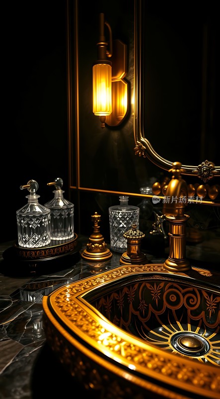 金色卫浴用品奢华洗手台与镜子组合