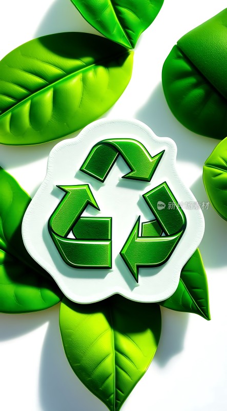 绿色循环标志与绿叶相映成趣