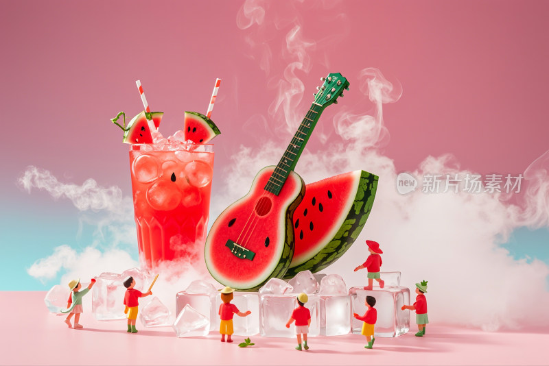 西瓜水果汁西瓜吉他微观小人摄影夏日冰封