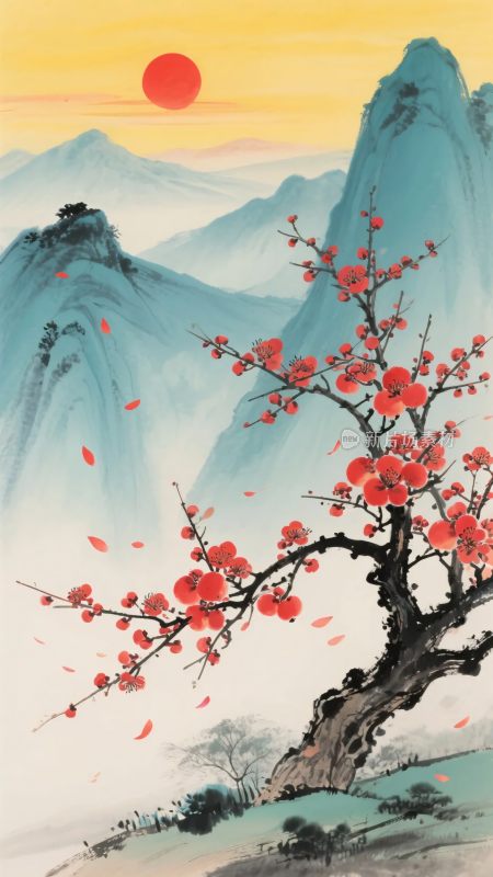 红梅映山景红日悬天际