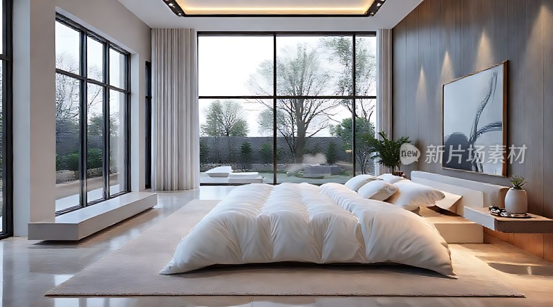 现代简约卧室大床、落地窗、艺术画