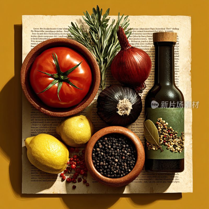 摆放整齐的烹饪食材及调料