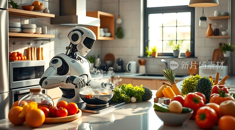 机器人烹饪美味佳肴厨房食材丰富多样