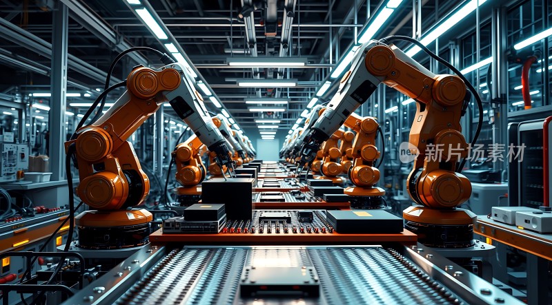 智能生产线上的橙色机械臂协作作业