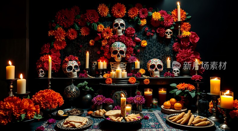 万圣节祭坛骷髅与鲜花共舞