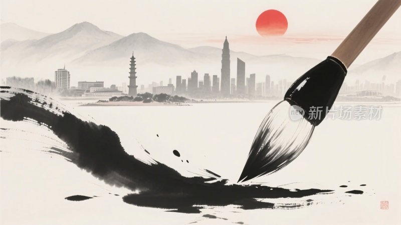 毛笔绘就城市山水图景