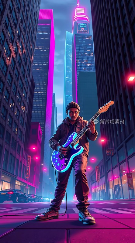 霓虹吉他手城市夜色中的音乐梦想