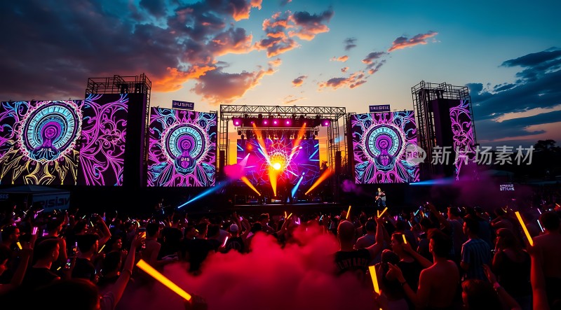 舞台灯光秀与观众互动的夜晚派对场景