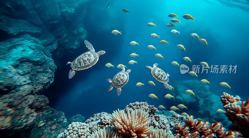 海龟与鱼群共舞海底世界
